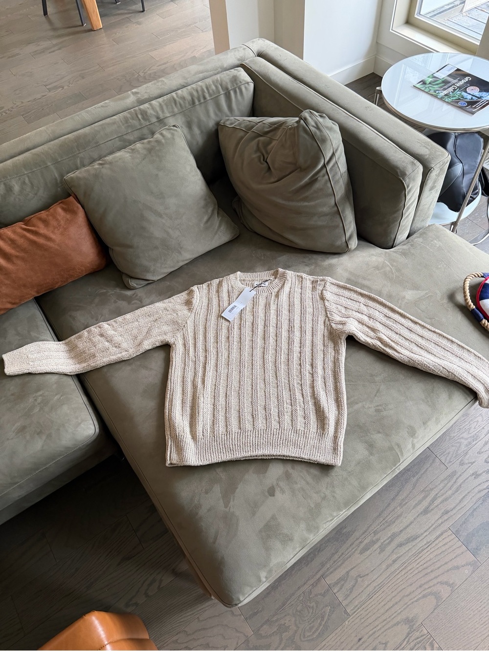 KOTN Cream Cable-Knit Crewneck Sweater (Cotton-linen blend)